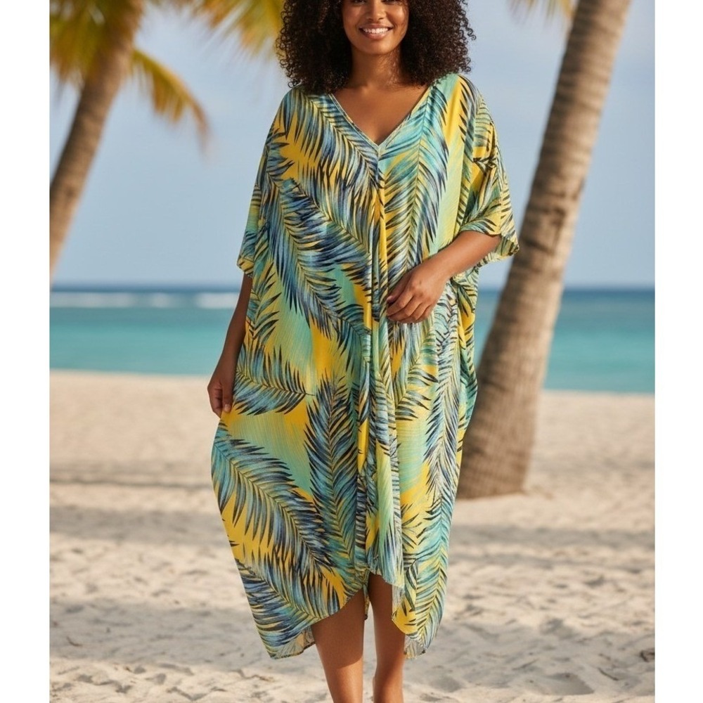 Jennifer Grace Handmade Tropical Palm Print Kaftan Dress Beach Summer One Size